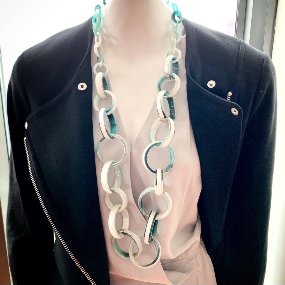 Statement Necklace, 18” drop, Green/Pearl/Gold